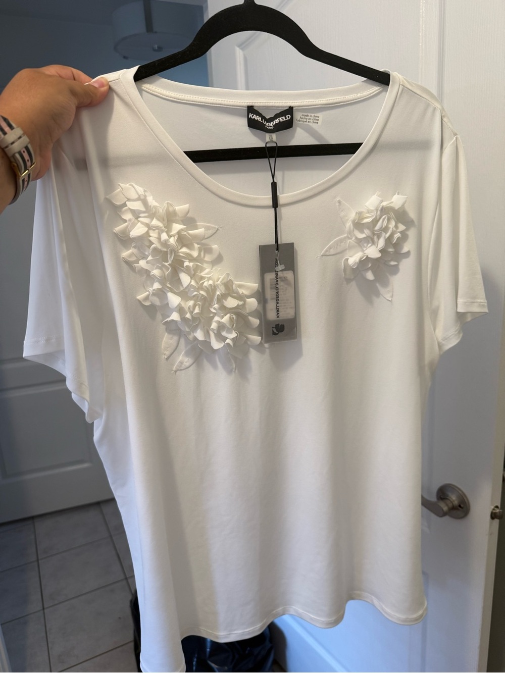 Karl Lagerfeld White Short Sleeve Top with 3D Floral Details